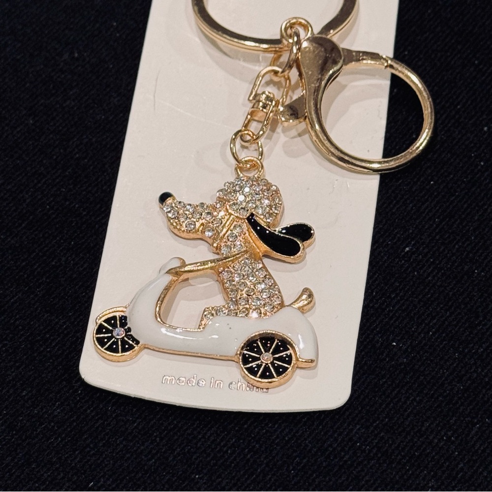 BAG CHARM Mint Gold and White Dog On Scooter Keychain - Picture 4 of 10